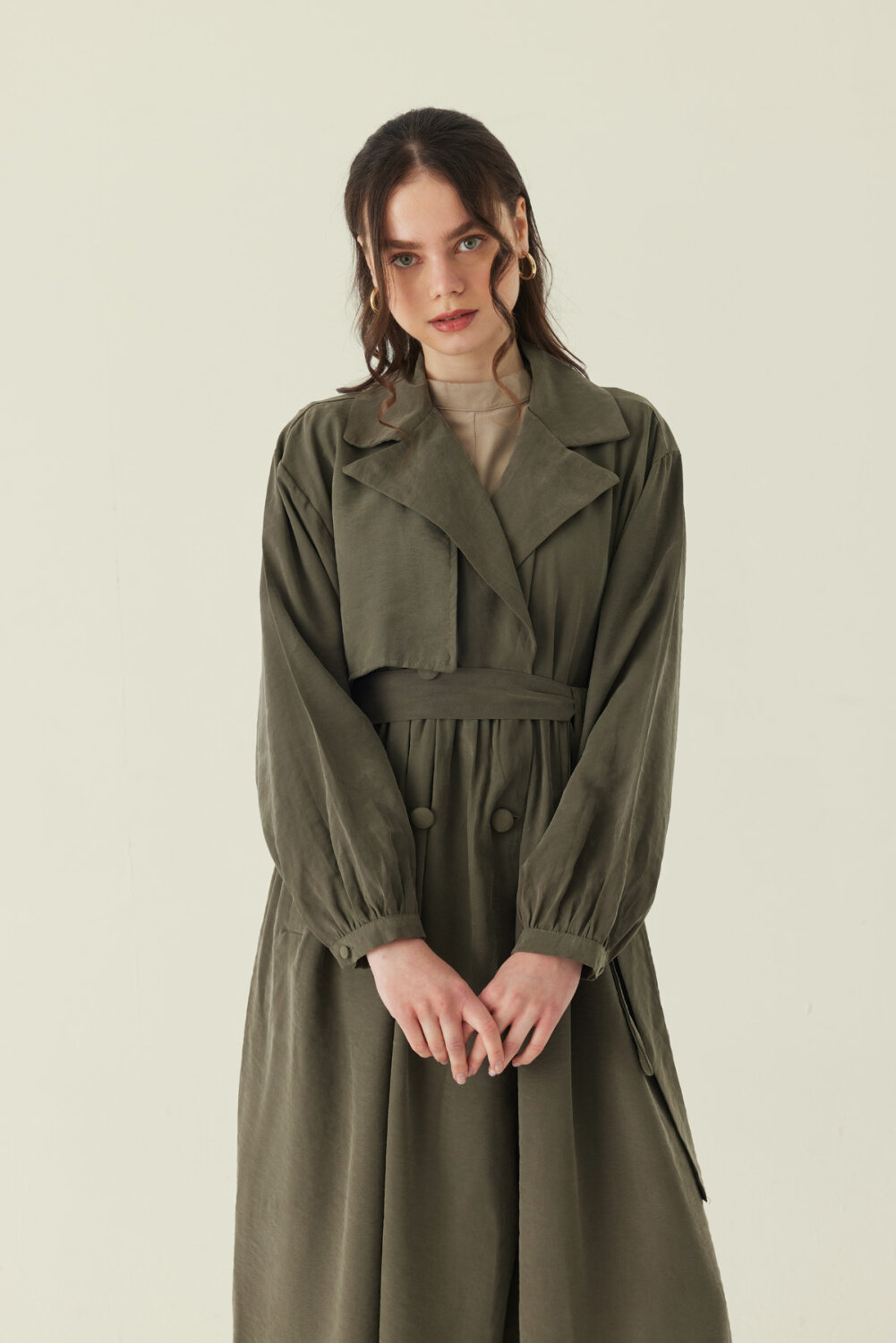 Büzgülü Modal Trençkot Haki - 2