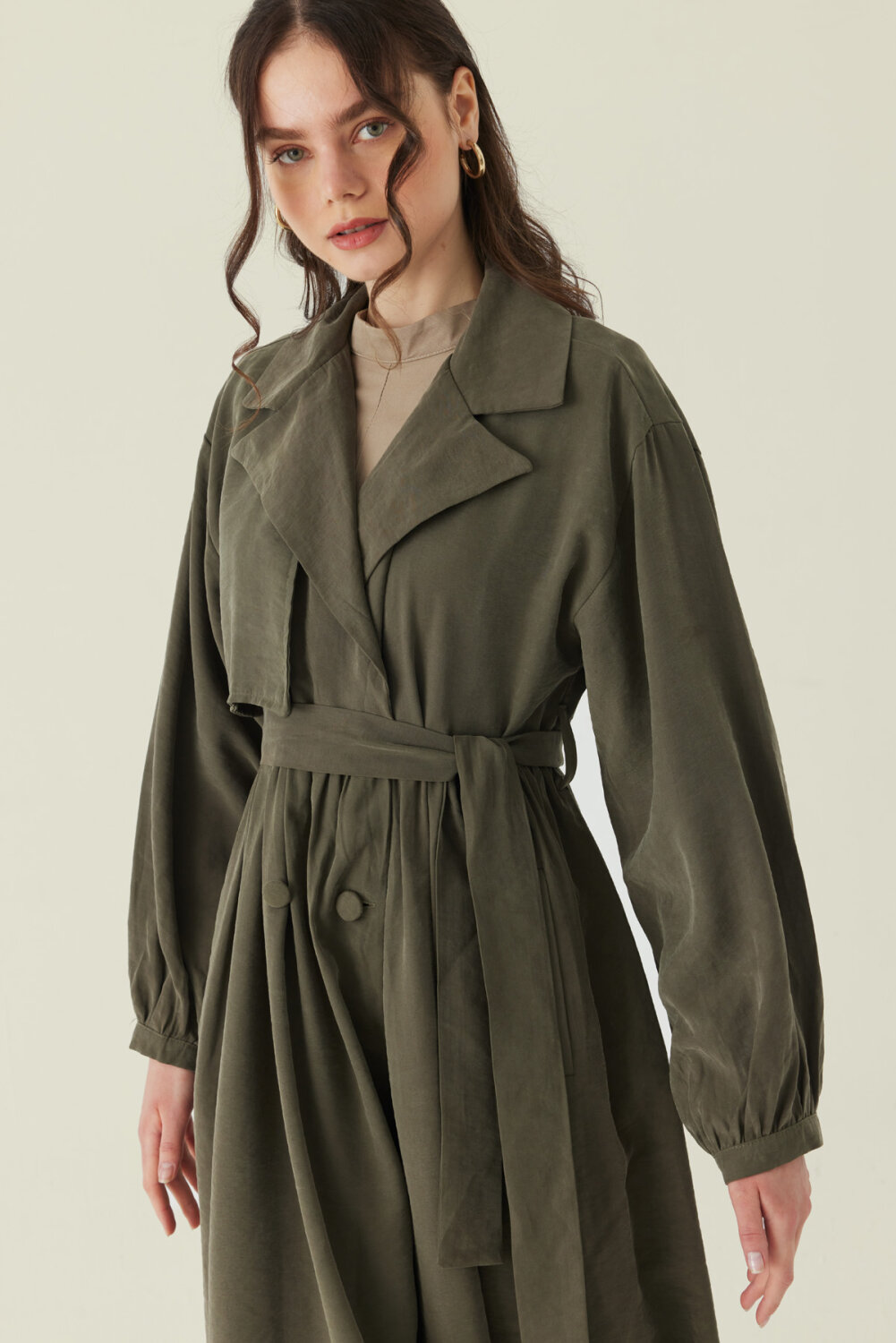 Büzgülü Modal Trençkot Haki 