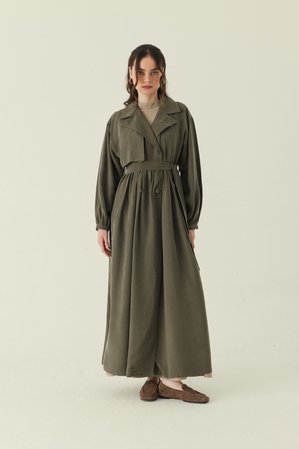 Büzgülü Modal Trençkot Haki - 6