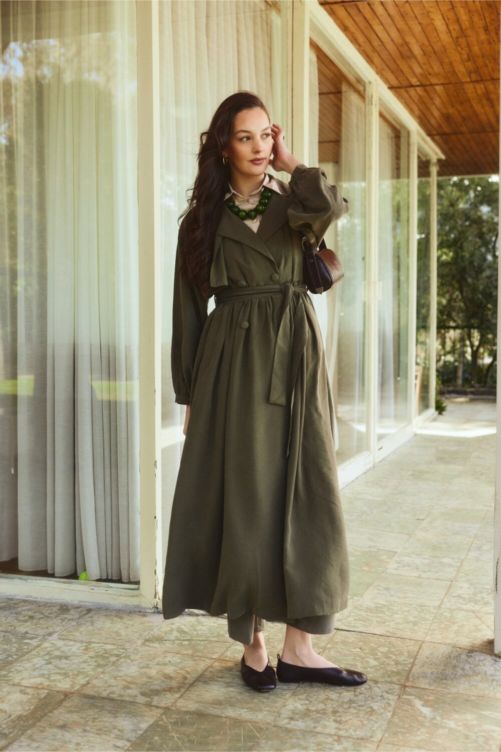 Büzgülü Modal Trençkot Haki