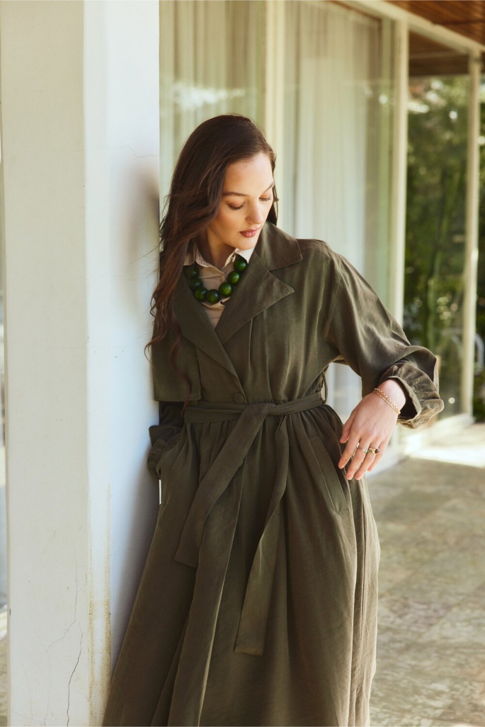 Büzgülü Modal Trençkot Haki - 2