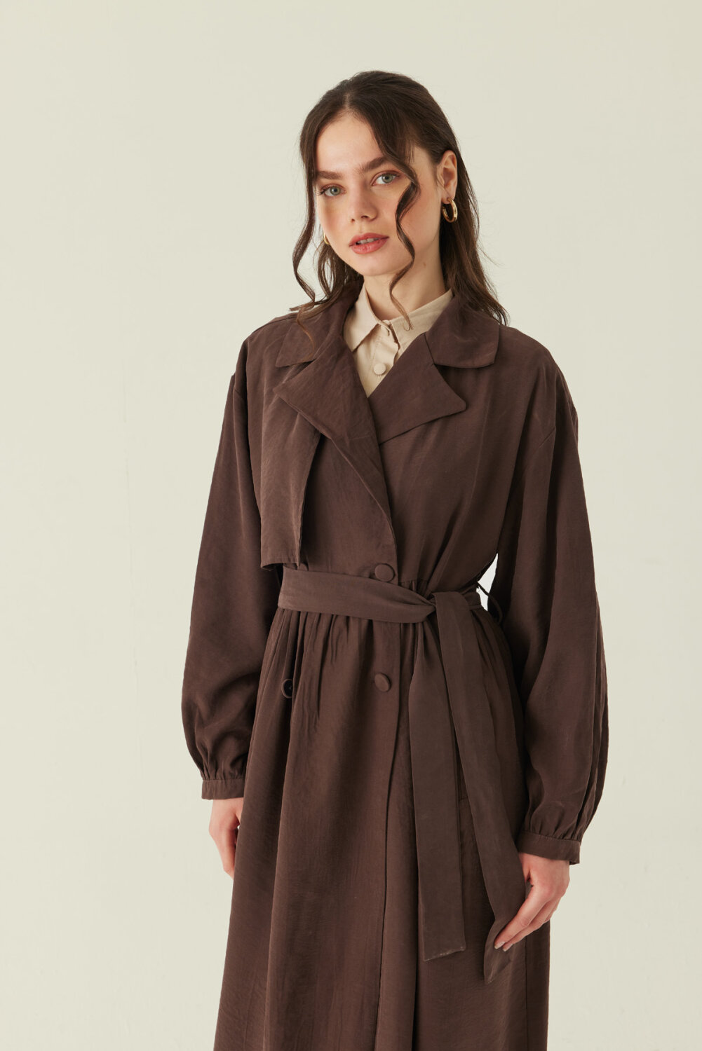 Büzgülü Modal Trençkot Kahverengi 