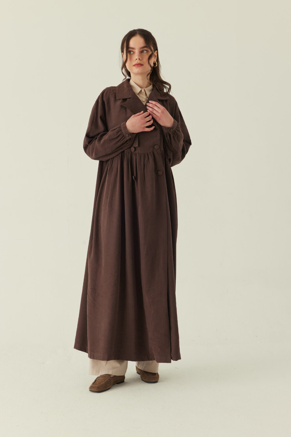 Büzgülü Modal Trençkot Kahverengi - 3