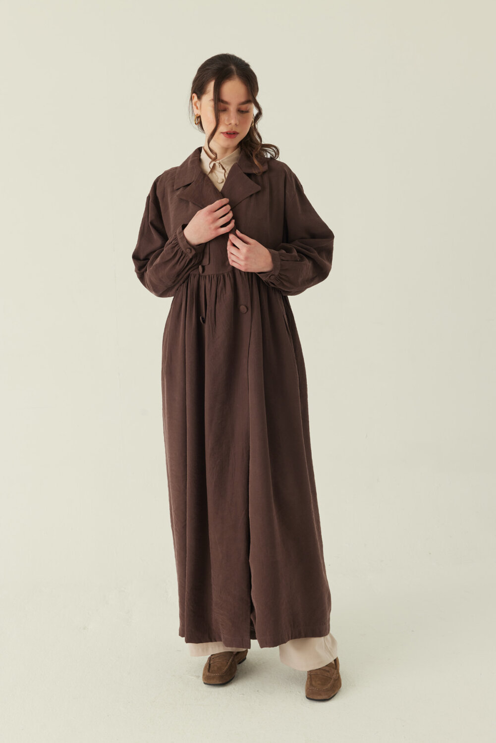 Büzgülü Modal Trençkot Kahverengi - 4