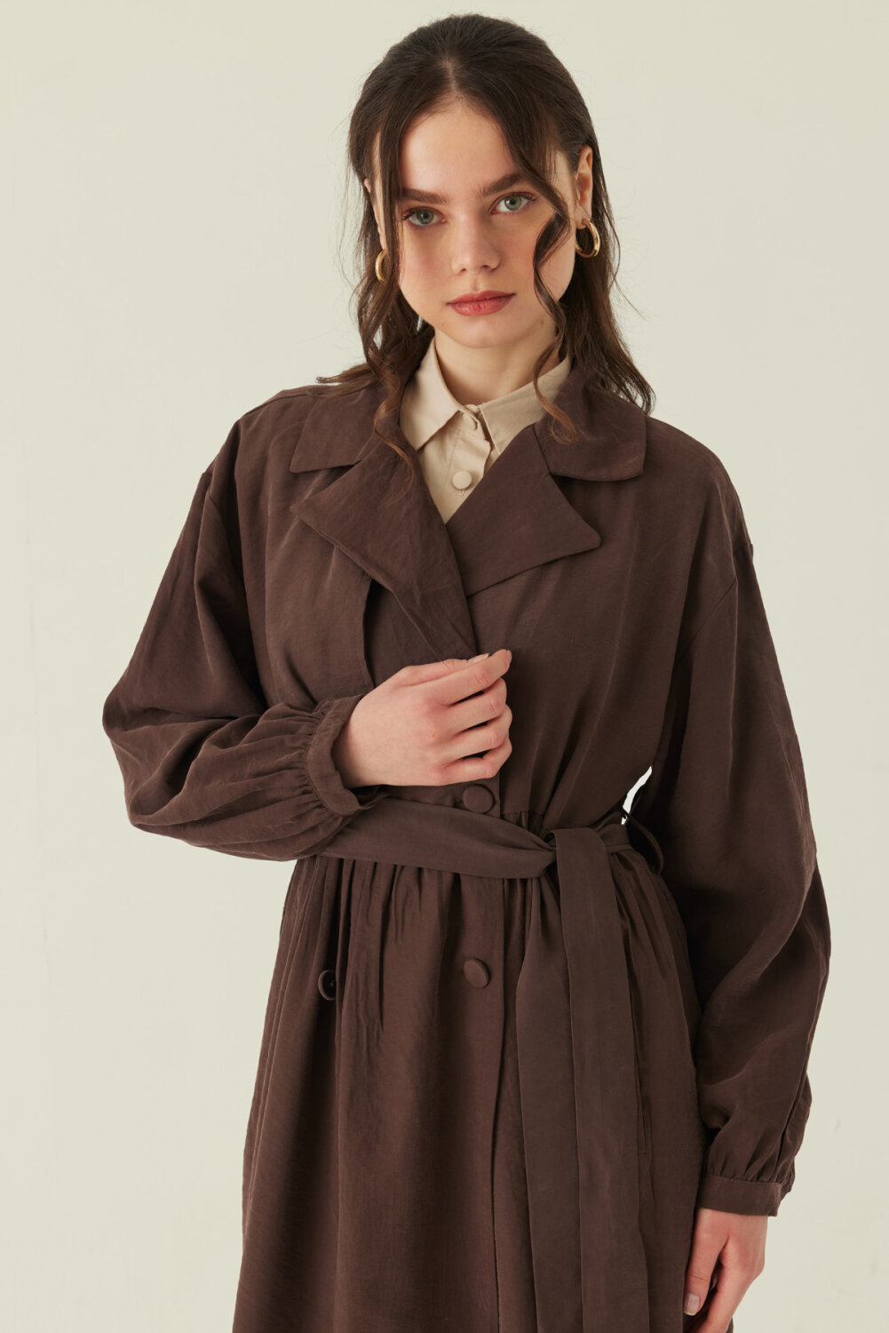 Büzgülü Modal Trençkot Kahverengi - 6