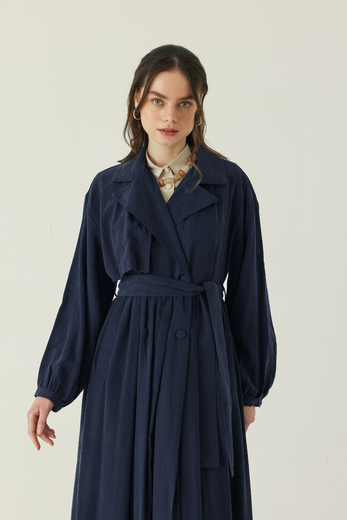 Büzgülü Modal Trençkot Lacivert