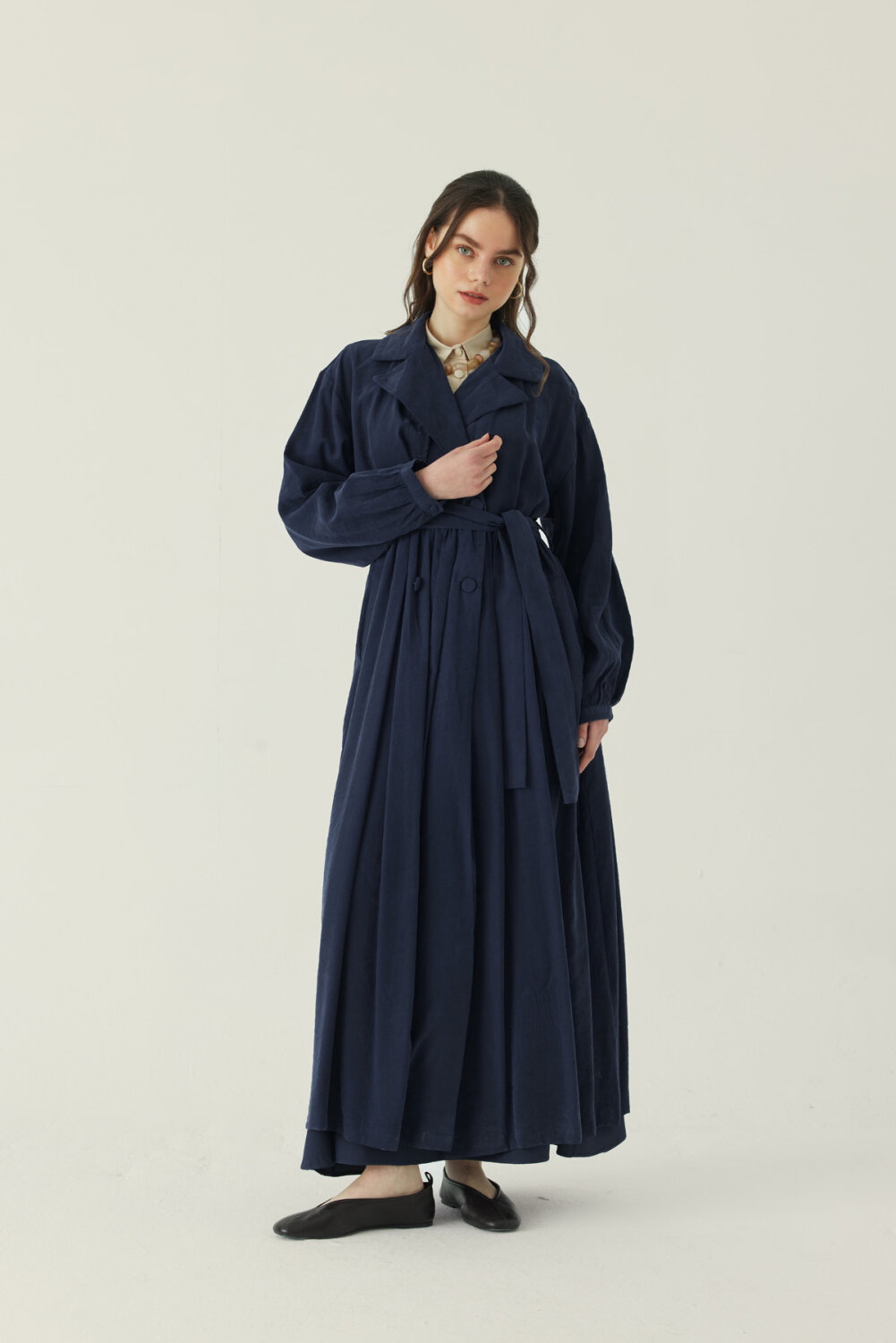 Büzgülü Modal Trençkot Lacivert - 2