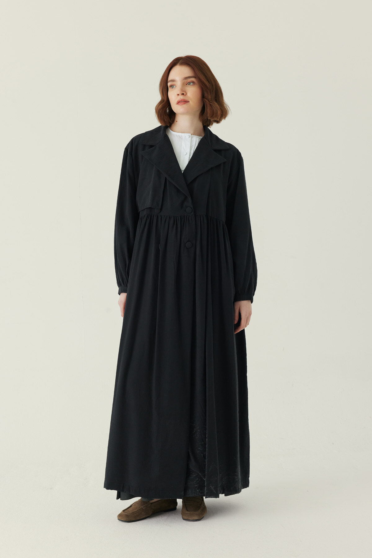 Büzgülü Modal Trençkot Siyah