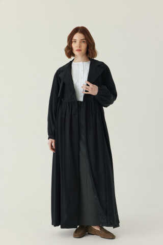 Büzgülü Modal Trençkot Siyah - 2