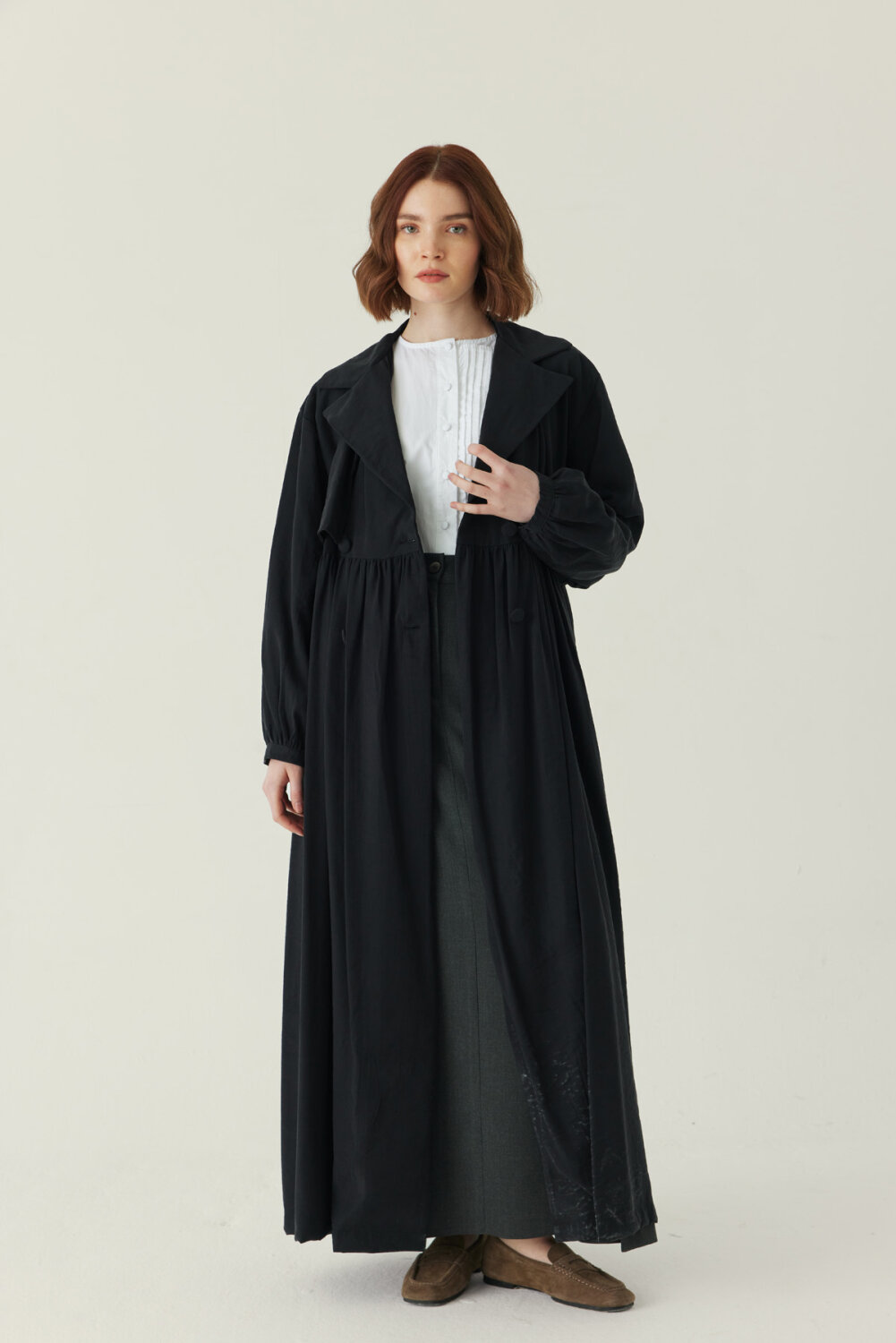 Büzgülü Modal Trençkot Siyah - 2