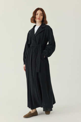 Büzgülü Modal Trençkot Siyah - 4