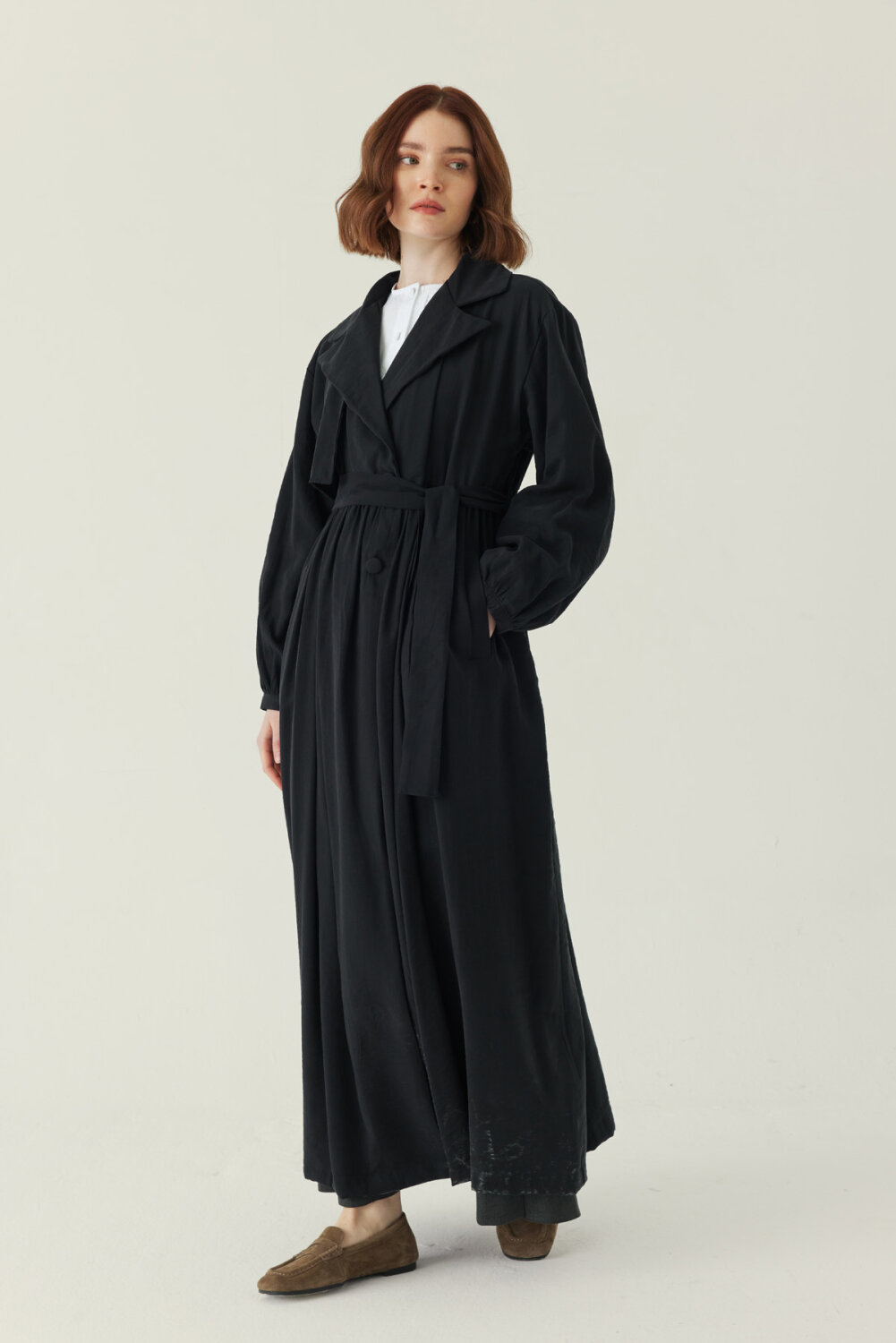 Büzgülü Modal Trençkot Siyah - 4