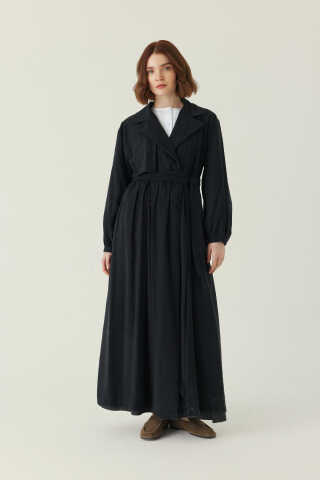 Büzgülü Modal Trençkot Siyah - 5