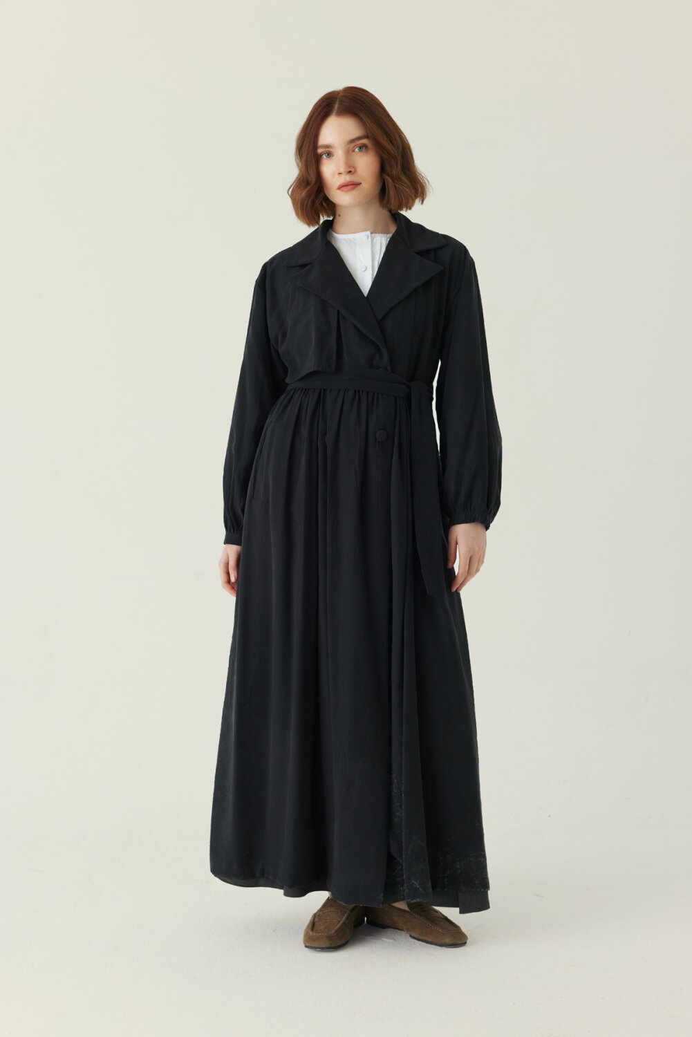 Büzgülü Modal Trençkot Siyah - 5