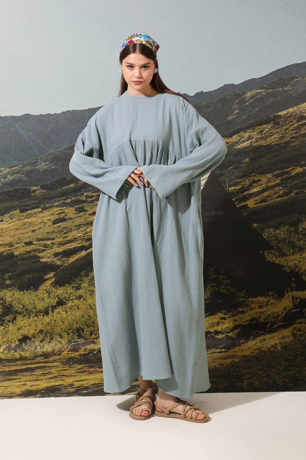 Büzgülü Salaş Müslin Elbise Bebe Mavisi - 3