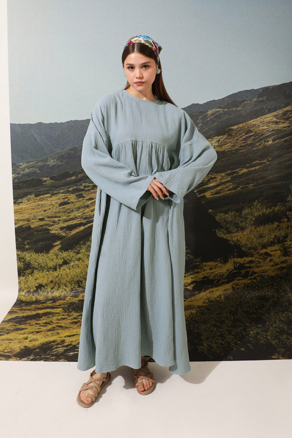 Büzgülü Salaş Müslin Elbise Bebe Mavisi - 6