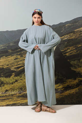 Büzgülü Salaş Müslin Elbise Bebe Mavisi - 3