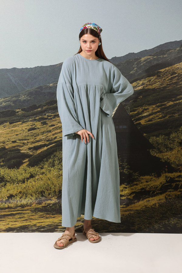 Büzgülü Salaş Müslin Elbise Bebe Mavisi - 4