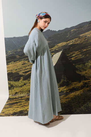 Büzgülü Salaş Müslin Elbise Bebe Mavisi - 5