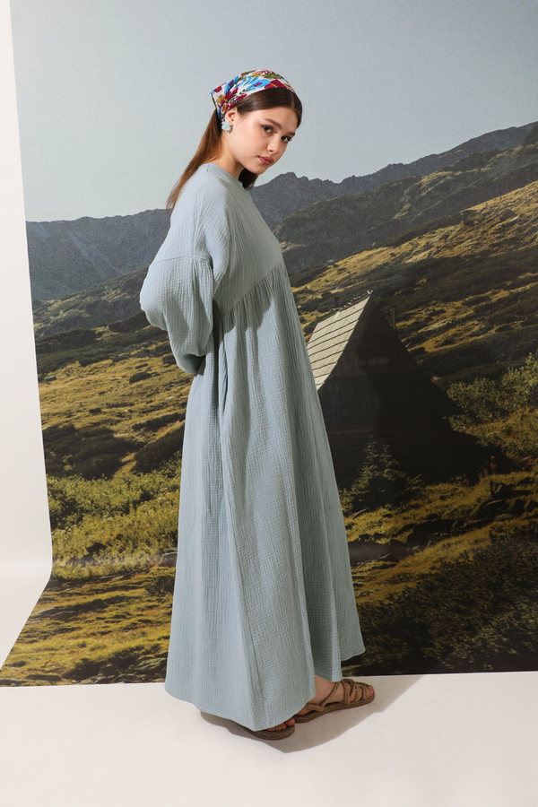 Büzgülü Salaş Müslin Elbise Bebe Mavisi - 5