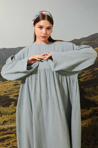 Büzgülü Salaş Müslin Elbise Bebe Mavisi - 7