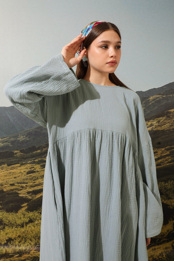 Büzgülü Salaş Müslin Elbise Bebe Mavisi - 1