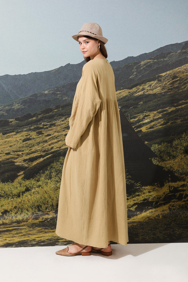 Büzgülü Salaş Müslin Elbise Bej - 2