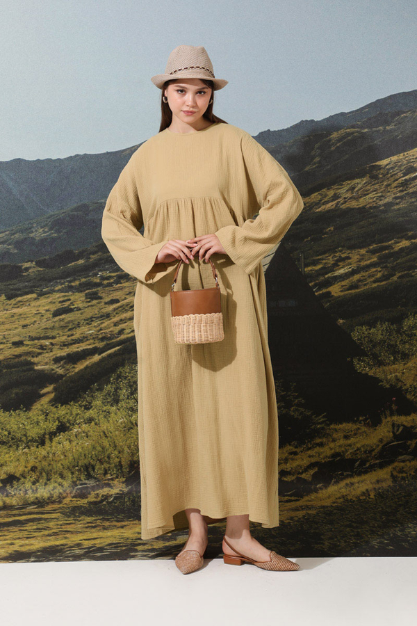 Büzgülü Salaş Müslin Elbise Bej - 3