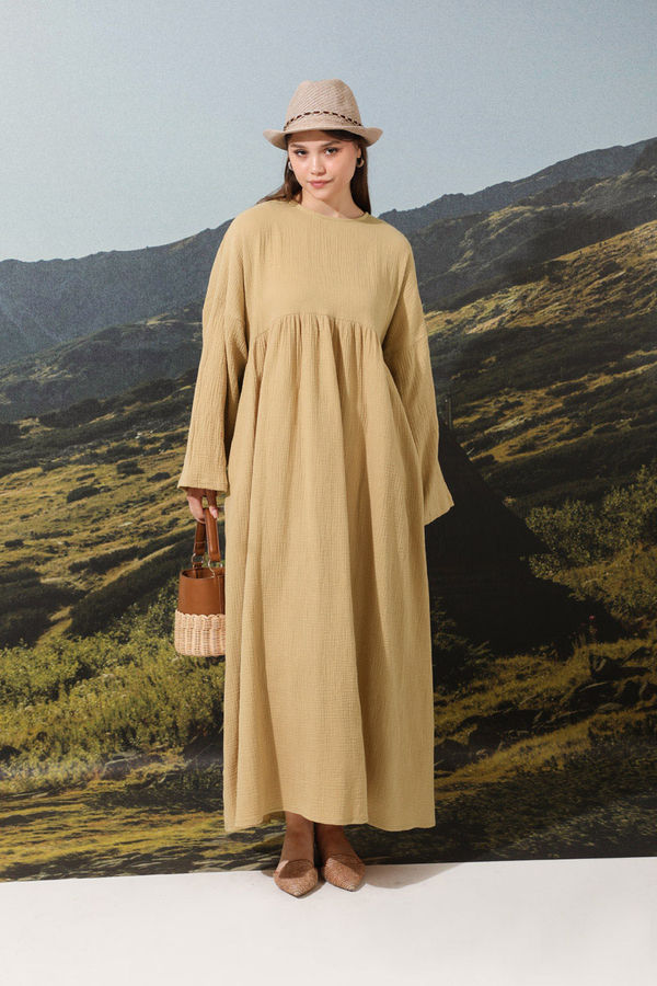 Büzgülü Salaş Müslin Elbise Bej - 4