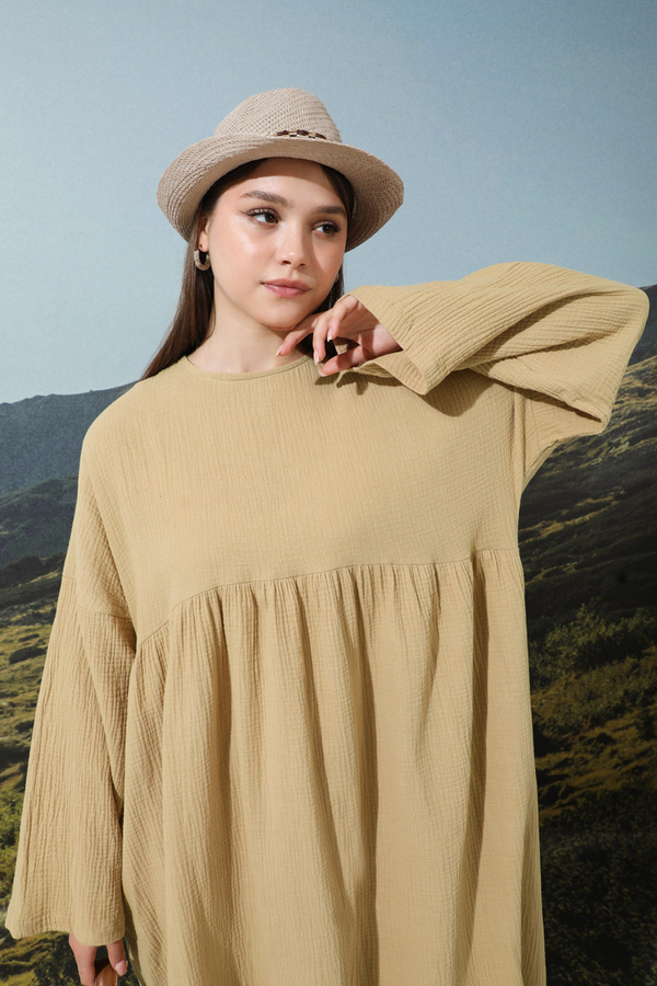 Büzgülü Salaş Müslin Elbise Bej - 6