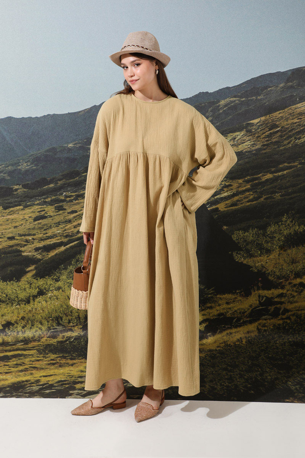 Büzgülü Salaş Müslin Elbise Bej - 1