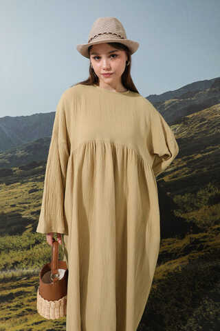 Büzgülü Salaş Müslin Elbise Bej - 5