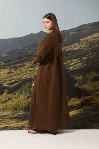 Büzgülü Salaş Müslin Elbise Kahverengi - 2