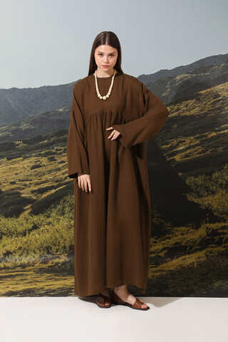 Büzgülü Salaş Müslin Elbise Kahverengi - 3