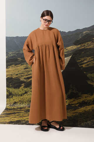 Büzgülü Salaş Müslin Elbise Kiremit - 2