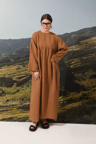 Büzgülü Salaş Müslin Elbise Kiremit - 1