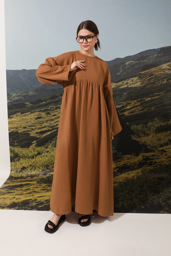 Büzgülü Salaş Müslin Elbise Kiremit - 3