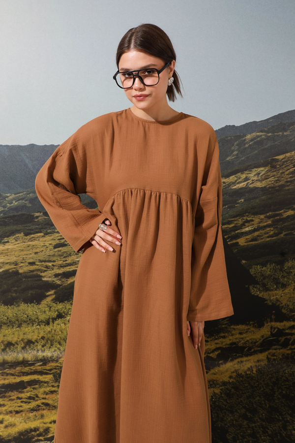 Büzgülü Salaş Müslin Elbise Kiremit - 4