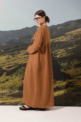 Büzgülü Salaş Müslin Elbise Kiremit - 6