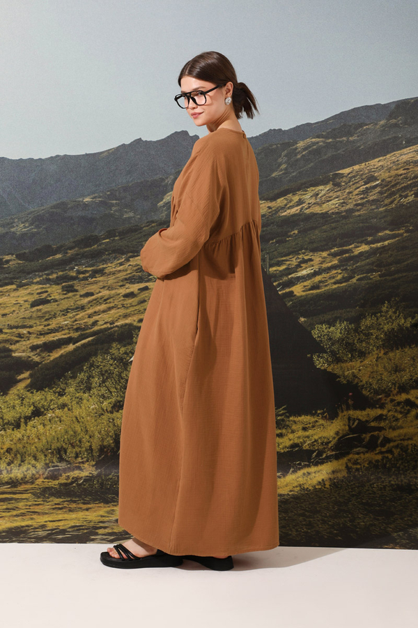 Büzgülü Salaş Müslin Elbise Kiremit - 6