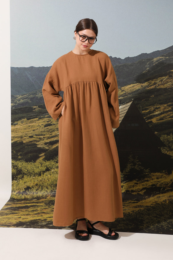 Büzgülü Salaş Müslin Elbise Kiremit - 2