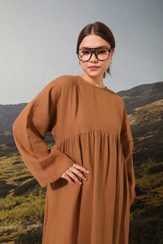 Büzgülü Salaş Müslin Elbise Kiremit - 5