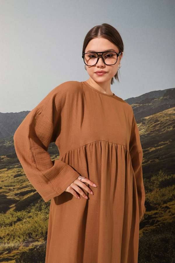 Büzgülü Salaş Müslin Elbise Kiremit - 5