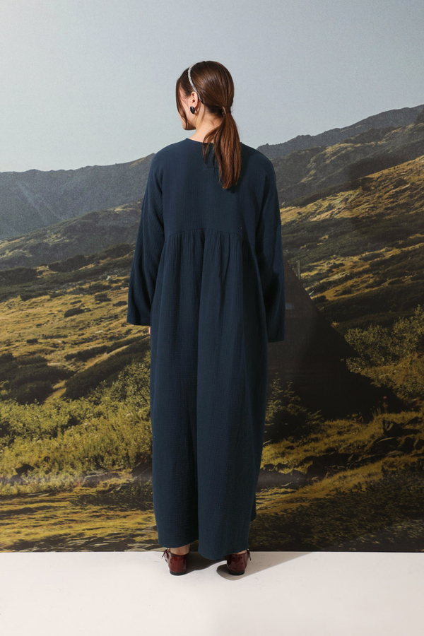 Büzgülü Salaş Müslin Elbise Lacivert - 2