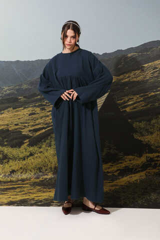 Büzgülü Salaş Müslin Elbise Lacivert - 3