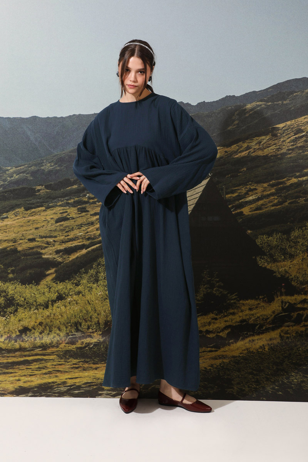 Büzgülü Salaş Müslin Elbise Lacivert - 3