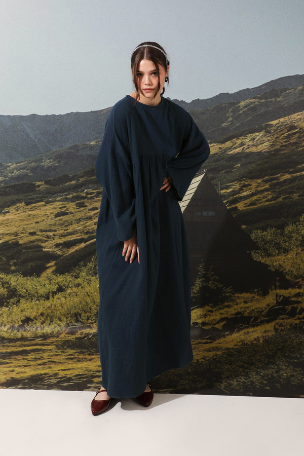 Büzgülü Salaş Müslin Elbise Lacivert - 4