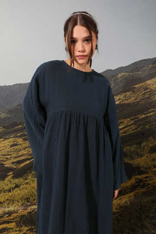 Büzgülü Salaş Müslin Elbise Lacivert - 5