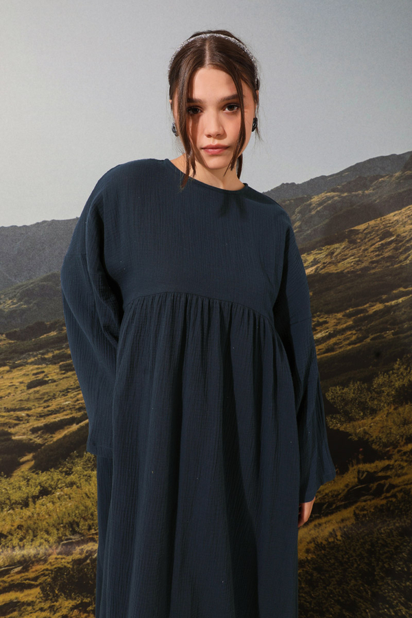 Büzgülü Salaş Müslin Elbise Lacivert - 5