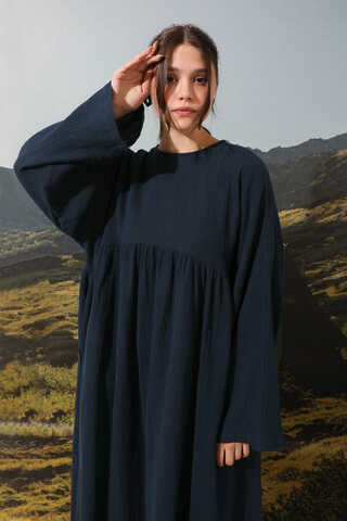 Büzgülü Salaş Müslin Elbise Lacivert - 6